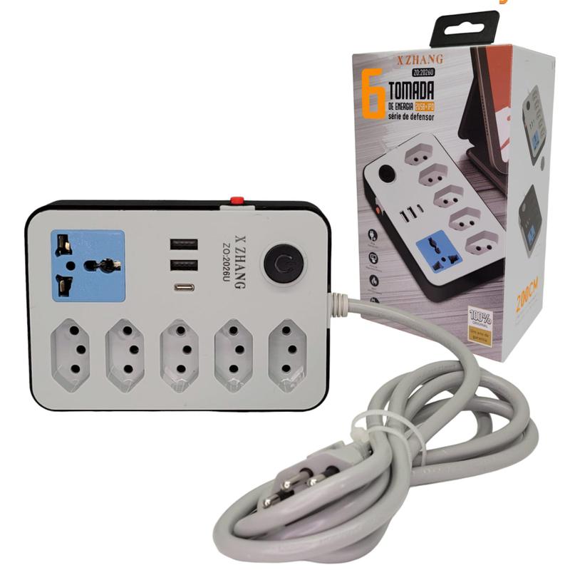 Filtro De Linha 6 Tomadas 2 USB 1 Tipo C 2 Metros Extensão